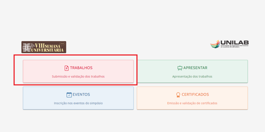 Tela inicial dos módulos da Semana Universitária