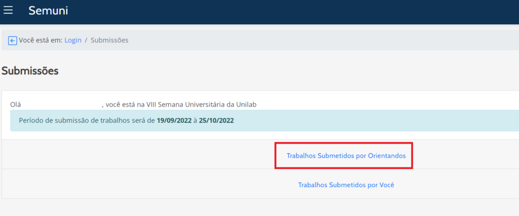 Tela principal de submissão de trabalhos